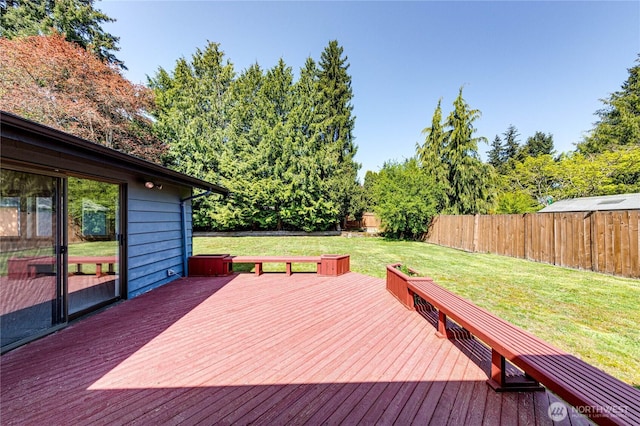 wooden deck with a yard and a fenced backyard