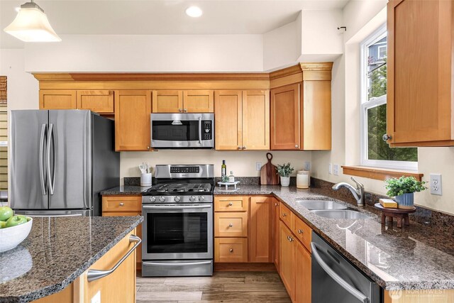 kitchen with stainless steel appliances, a sink, wood finished floors, dark stone countertops, and recessed lighting