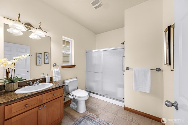 bathroom with toilet, a shower stall, baseboards, vanity, and tile patterned flooring