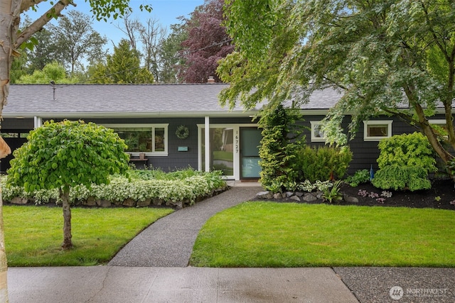view of front of house with roof with shingles and a front lawn