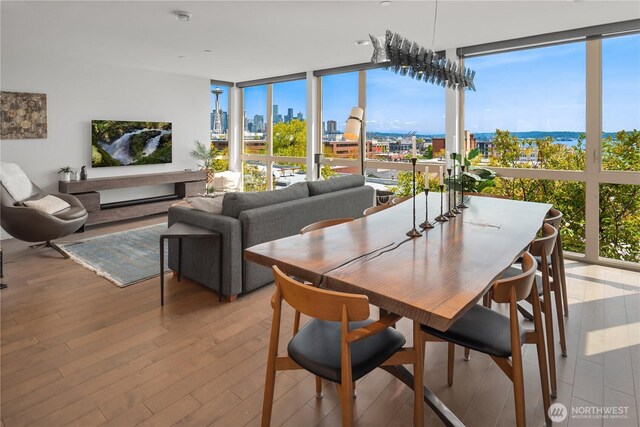 dining area featuring floor to ceiling windows and wood finished floors
