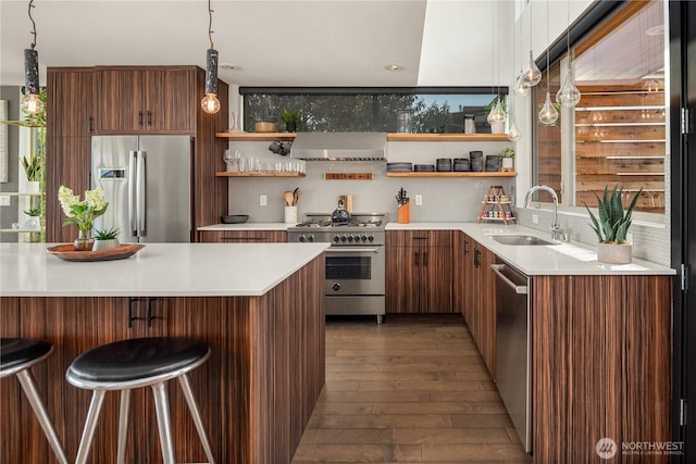 kitchen with open shelves, a sink, dark wood finished floors, and stainless steel appliances