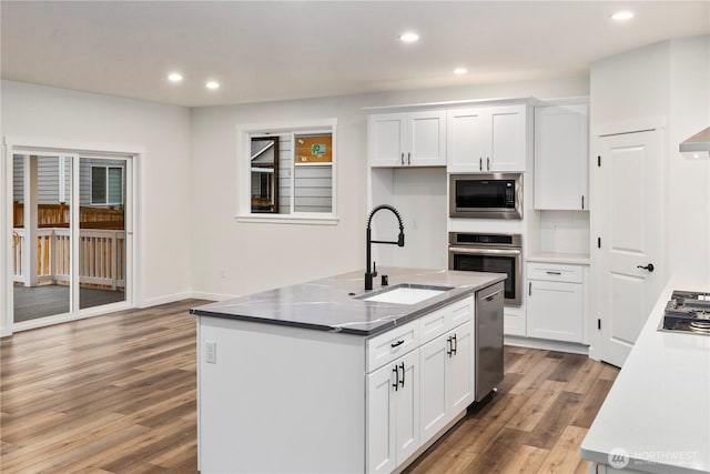 kitchen featuring recessed lighting, wood finished floors, stainless steel appliances, and a sink