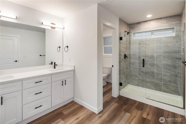 full bathroom featuring a sink, double vanity, a stall shower, toilet, and wood finished floors