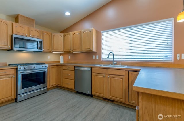 121 E Connemara Way, Shelton, WA 98584 - kitchen featuring stainless steel appliances, a sink, vaulted ceiling, light wood-style floors, and light countertops