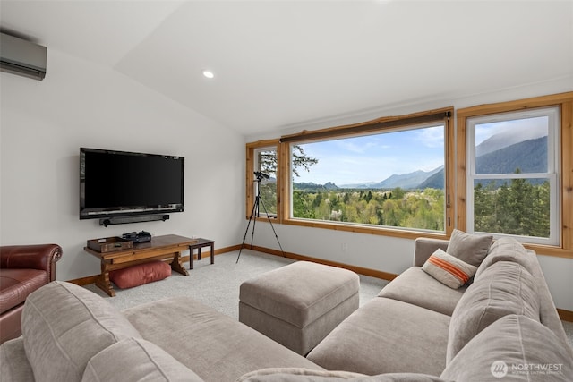 carpeted living area with baseboards, a wall mounted AC, vaulted ceiling, and recessed lighting