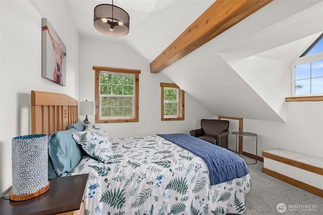 bedroom with baseboards, vaulted ceiling, and carpet