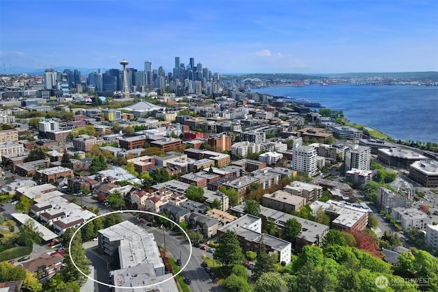 aerial view with a view of city and a water view