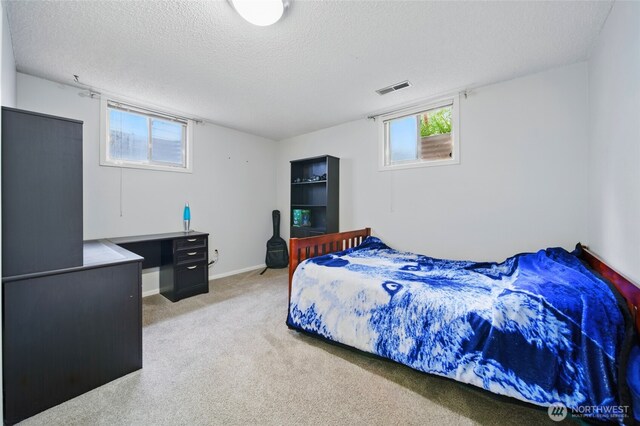 bedroom featuring visible vents, carpet, a textured ceiling, and baseboards