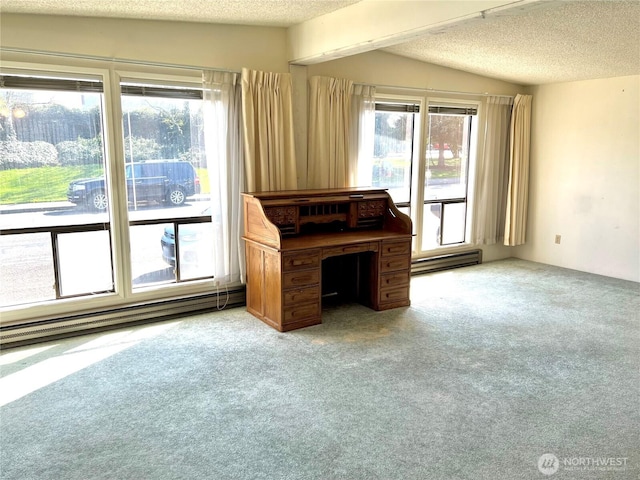 610 W Spruce St, Sequim, WA 98382 - interior space with a baseboard heating unit, carpet flooring, plenty of natural light, and a textured ceiling