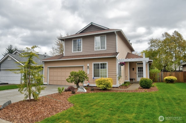 traditional-style house with a front lawn, concrete driveway, fence, a garage, and a shingled roof