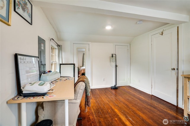 home office featuring baseboards and dark wood-style floors