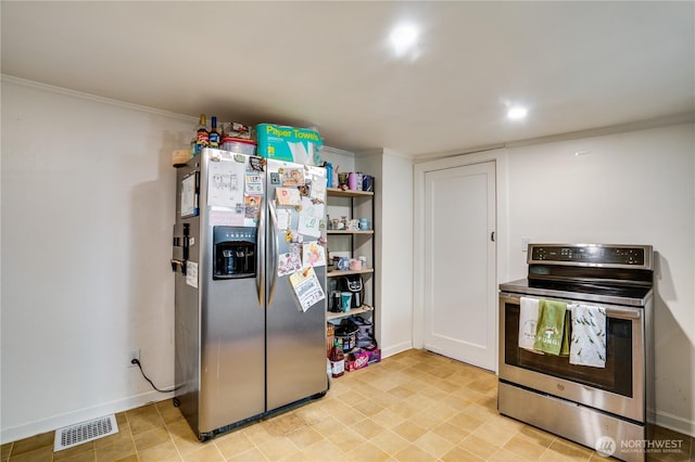 kitchen featuring crown molding, stainless steel appliances, and visible vents