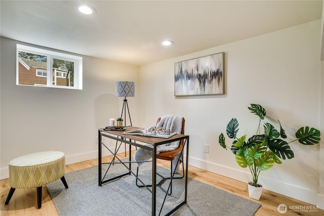 home office with recessed lighting, baseboards, and wood finished floors