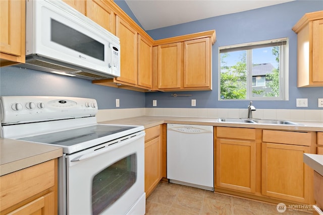 4254 Roxanna Loop SE, Lacey, WA 98503 - kitchen featuring white appliances, a sink, light brown cabinetry, and light countertops