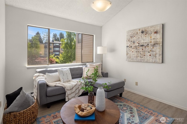 living area with wood finished floors, a textured ceiling, vaulted ceiling, and baseboards