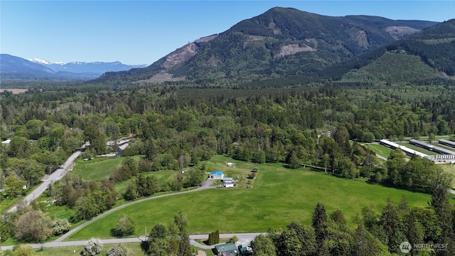 aerial view with a mountain view and a wooded view