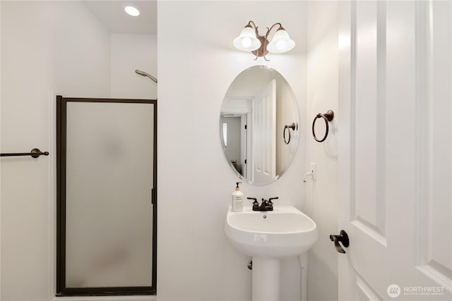 bathroom with a shower stall and a sink