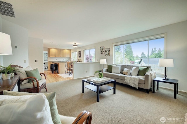 living area with light carpet and visible vents