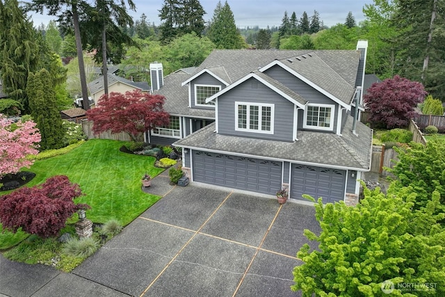 view of front of home featuring driveway, a chimney, roof with shingles, a garage, and fence