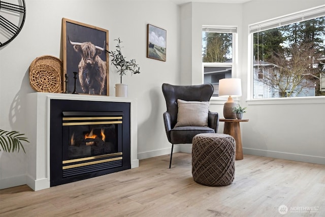 living area featuring baseboards, a glass covered fireplace, and wood finished floors