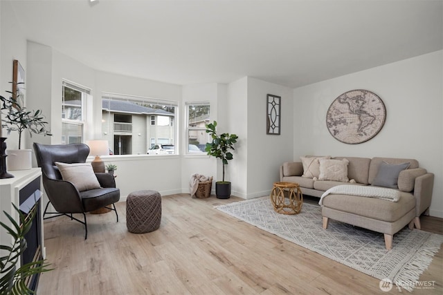 living area featuring wood finished floors and baseboards