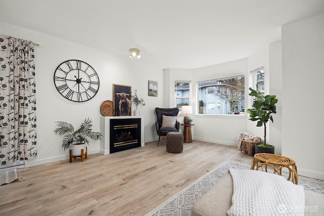 living area with a glass covered fireplace, wood finished floors, and baseboards