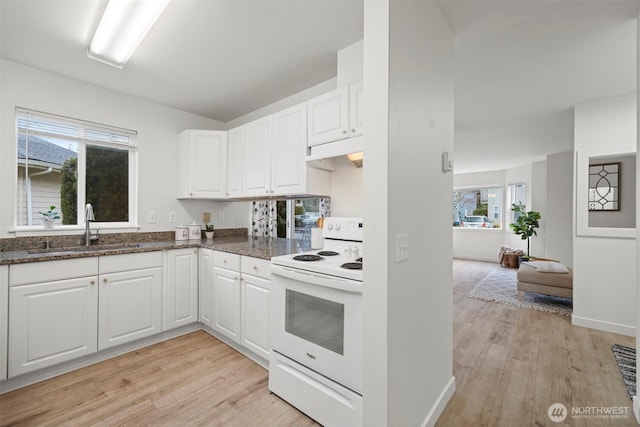kitchen featuring white cabinets, light wood finished floors, under cabinet range hood, a sink, and white range with electric cooktop