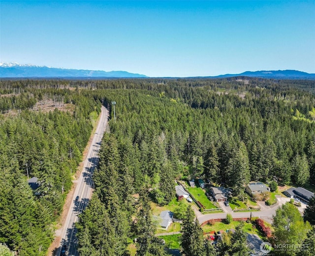 aerial view with a mountain view and a wooded view