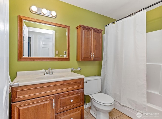 full bathroom featuring shower / bath combo, vanity, toilet, and tile patterned flooring