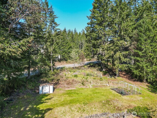 view of yard featuring a wooded view, an outbuilding, a shed, and a vegetable garden