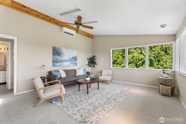 3837 Columbia Heights Rd, Longview, WA 98632 - living room featuring carpet floors, lofted ceiling with beams, baseboards, and a wall unit AC
