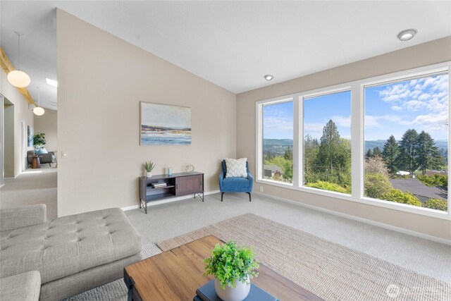 3837 Columbia Heights Rd, Longview, WA 98632 - carpeted living room featuring baseboards and vaulted ceiling