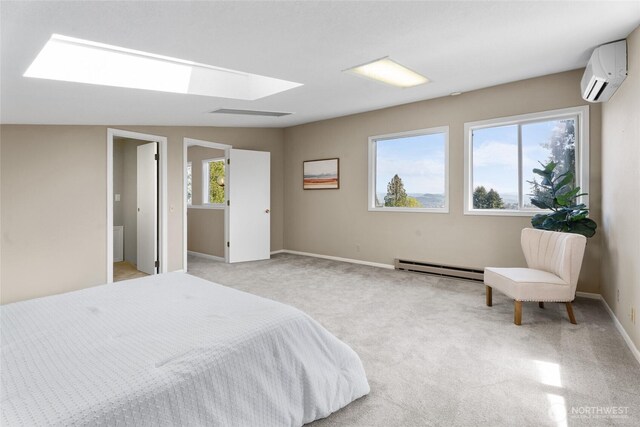 3837 Columbia Heights Rd, Longview, WA 98632 - bedroom with light carpet, baseboards, a baseboard radiator, a skylight, and a wall mounted AC