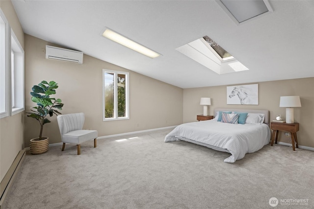 3837 Columbia Heights Rd, Longview, WA 98632 - bedroom with a baseboard radiator, carpet, lofted ceiling with skylight, and a wall mounted AC