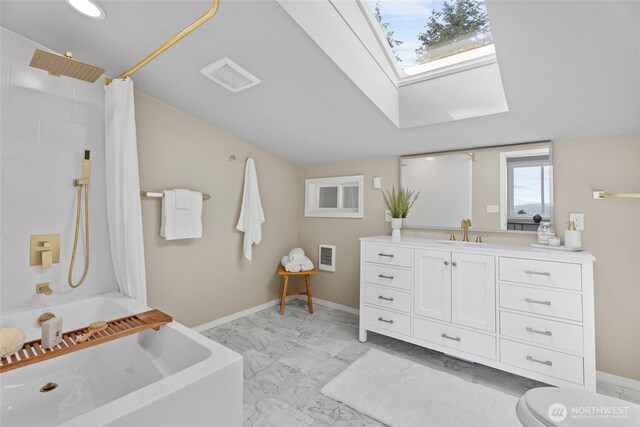 3837 Columbia Heights Rd, Longview, WA 98632 - full bath featuring vanity, marble finish floor, baseboards, and shower / bath combo