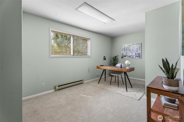 3837 Columbia Heights Rd, Longview, WA 98632 - office area featuring carpet flooring, a textured ceiling, and baseboard heating