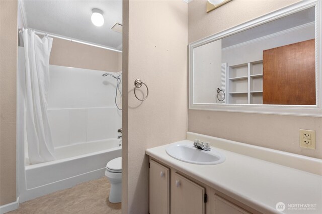 3837 Columbia Heights Rd, Longview, WA 98632 - bathroom featuring vanity, shower / bathtub combination with curtain, and toilet