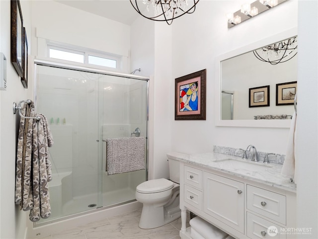 33 E Seashore Ln, Sequim, WA 98382 - bathroom with marble finish floor, a chandelier, and a stall shower