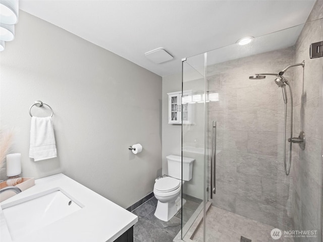 12916 97th Ave NW, Gig Harbor, WA 98329 - bathroom with toilet, a shower stall, tile patterned flooring, and vanity