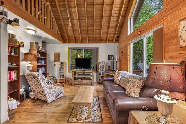 64197 E Cascade Dr, Marblemount, WA 98267 - living area with wooden walls, wood-type flooring, high vaulted ceiling, beamed ceiling, and wood ceiling