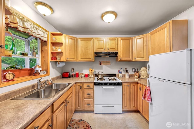 64197 E Cascade Dr, Marblemount, WA 98267 - kitchen with open shelves, a sink, light countertops, under cabinet range hood, and white appliances