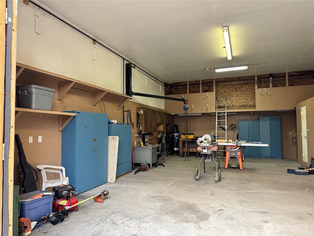 garage with a workshop area