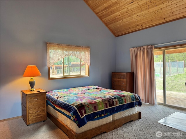 bedroom with lofted ceiling, wooden ceiling, access to exterior, and carpet floors