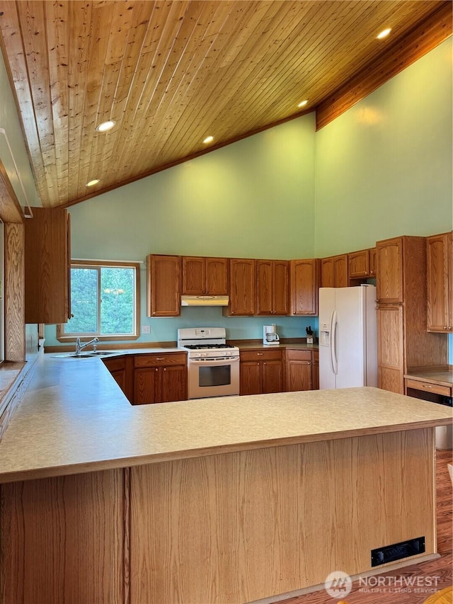 kitchen with wood ceiling, high vaulted ceiling, under cabinet range hood, and white appliances