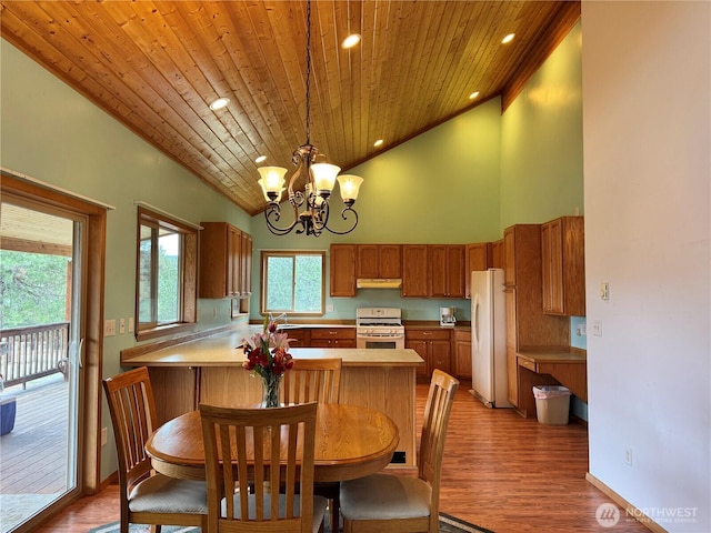dining space featuring a chandelier, high vaulted ceiling, light wood-type flooring, and wood ceiling