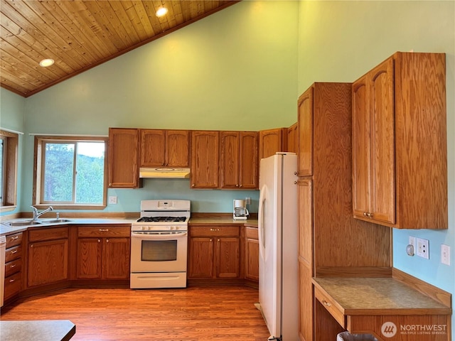 kitchen featuring white appliances, wood ceiling, under cabinet range hood, brown cabinets, and high vaulted ceiling