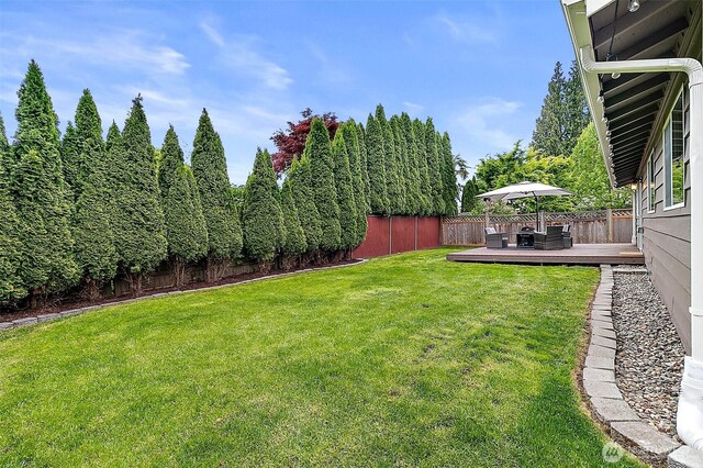 view of yard with a deck and a fenced backyard