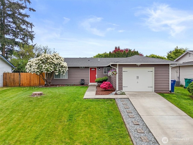 ranch-style house with roof with shingles, a garage, fence, a front lawn, and concrete driveway