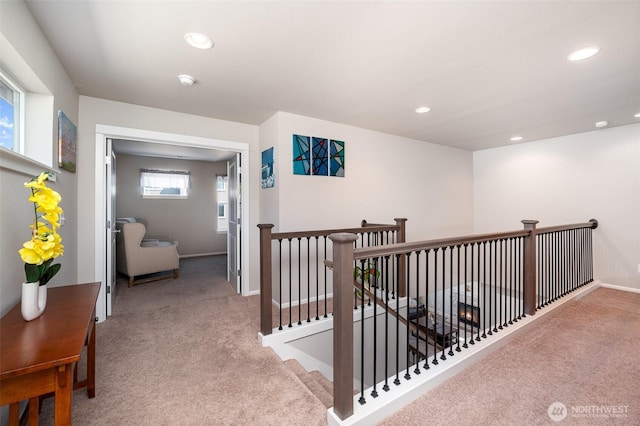 24524 96th Ave S, Kent, WA 98030 - hall with carpet flooring, an upstairs landing, recessed lighting, and baseboards